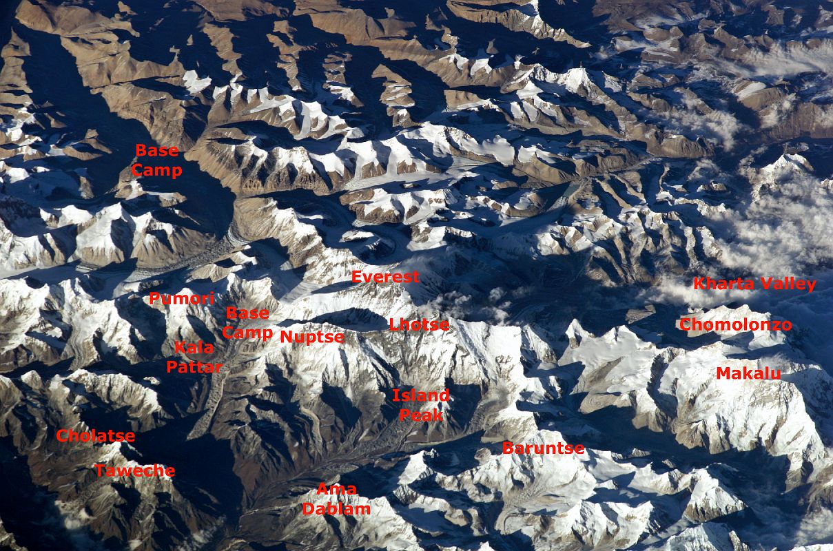 Nasa 1L ISS008-E-6149 Pumori, Nuptse, Everest, Lhotse, Makalu From South With Labels